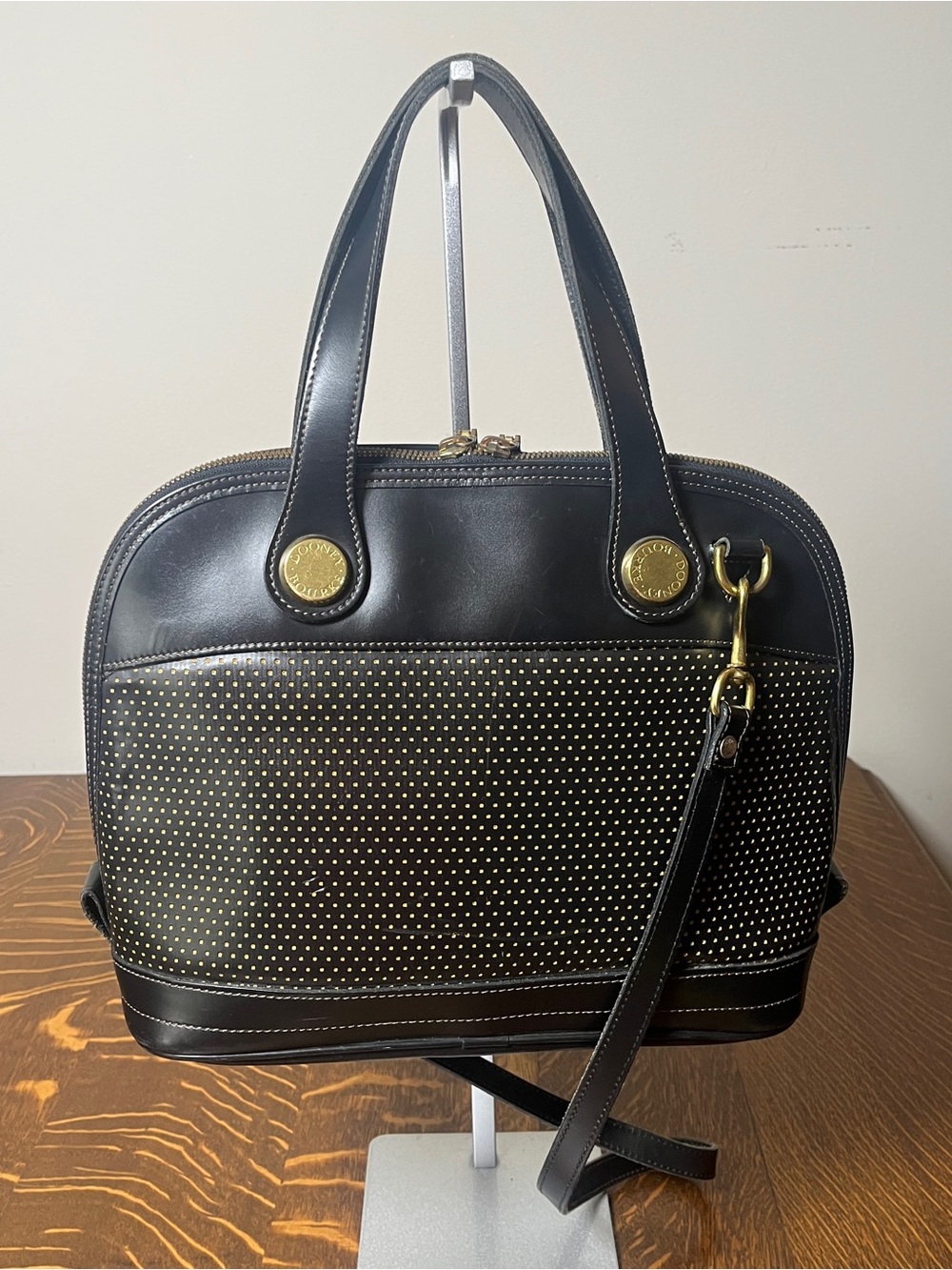 Dooney & Bourke Black Perforated Cabriolet Dome Satchel with Gold Stud Accents. - Picture 2 of 9